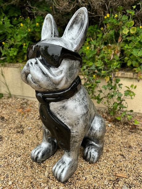 Statue Chien Bouledogue Francais Premium Decoration - 120cm - Argent