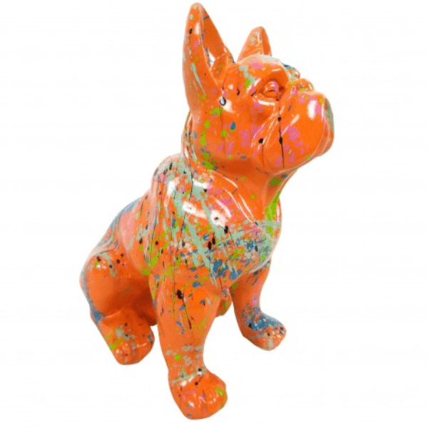 Statue Chien Bouledogue Francais Animaux Resine - 30cm - Graffiti Orange - ANIMAUX-RESINE.FR