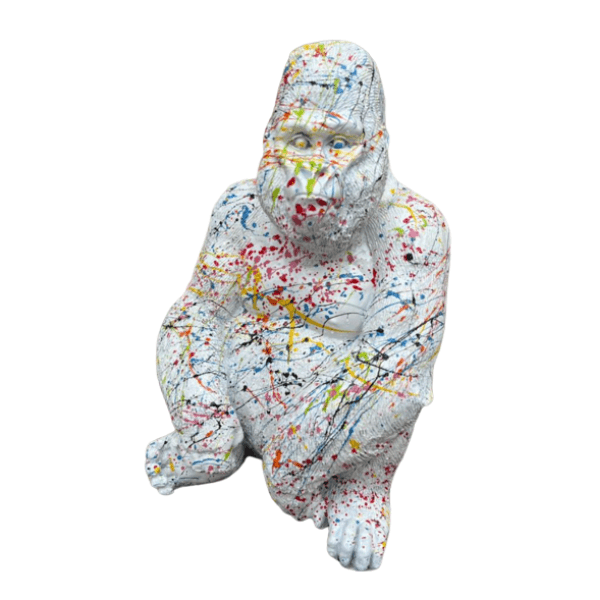 Statue Gorille Assis Animaux Resine - 75cm - Graffiti Blanc - ANIMAUX-RESINE.FR