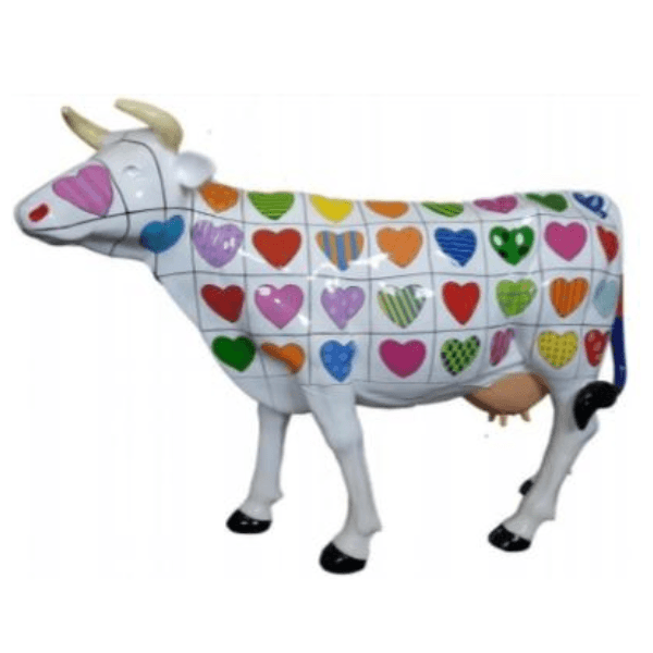 Statue Vache Animaux Resine - 225cm - Coeur Multicolore - ANIMAUX-RESINE.FR