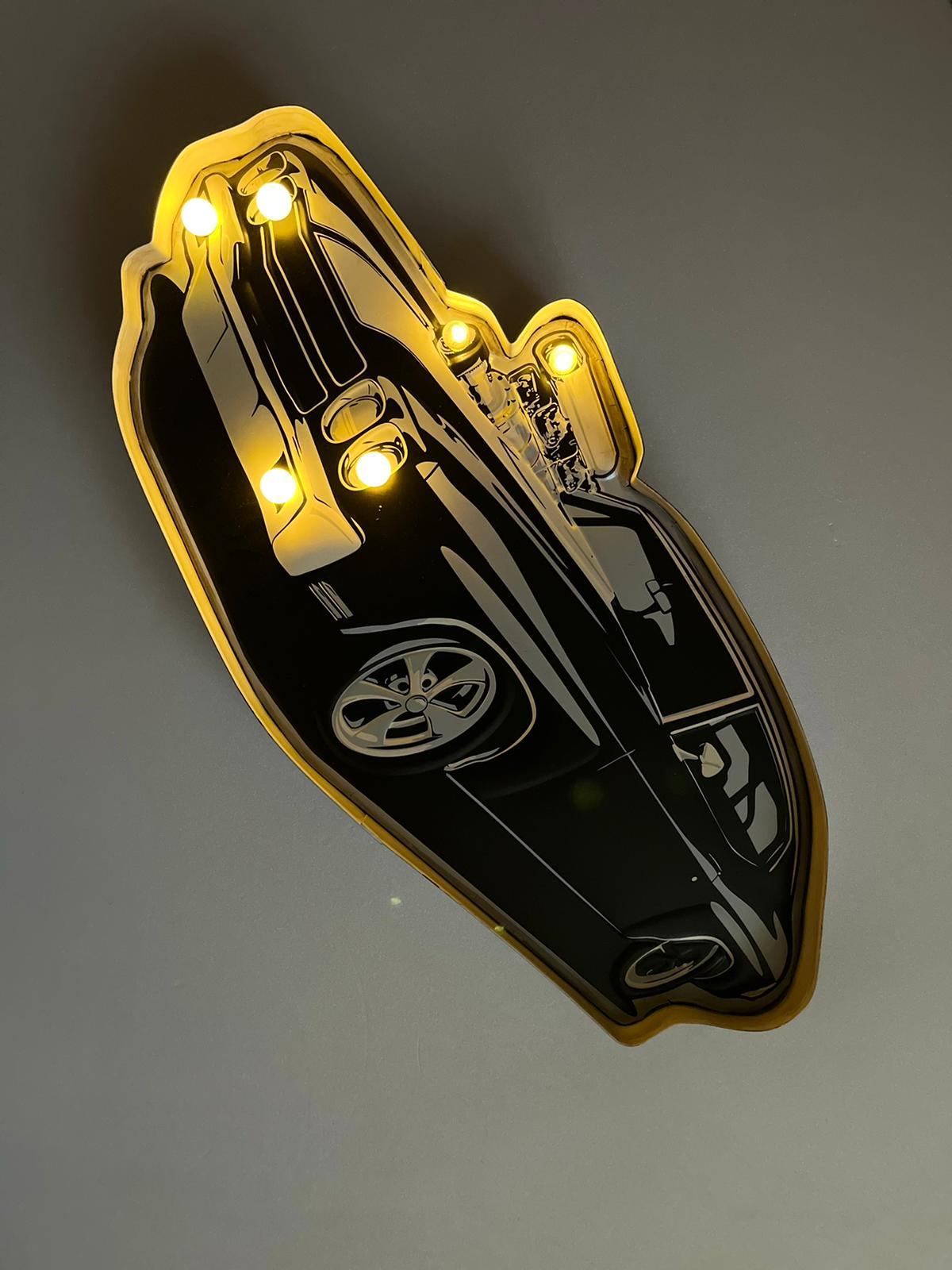 PLAQUE LED MÉTAL VOITURE NOIR 60x30CM - PLAQUE LED DECO MURAL - ANIMAUX-RESINE.FR